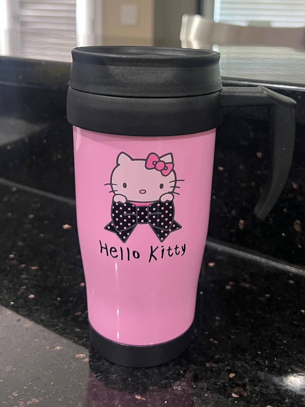 Vintage Sanrio Hello Kitty Pink Travel Tumbler with Black Lid & Handle Vintage